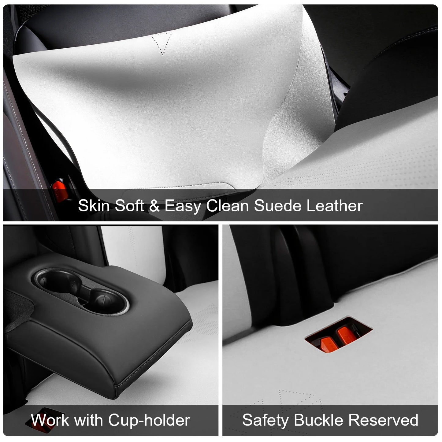 Ikon Motorsports Seat Cover Cushions Compatible With 2020-2024 Tesla Model Y 4-Door, V1 Style White Suede Leather 1st 2nd Row 5-Seat Seat Cover Cushion Protectors