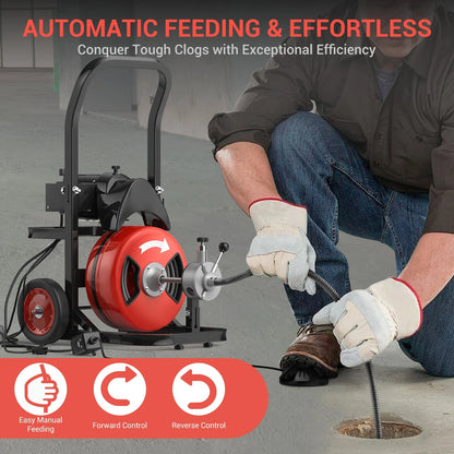 Ataucjin Drain Cleaner Machine,100Ft Drain Cleaning Machine,450W Auto Feed Sewer Snake Auger,Portable Electric Drain Auger Cleaner With 4 Cutter Air-Activated Foot Switch For 2" To 4" Pipes