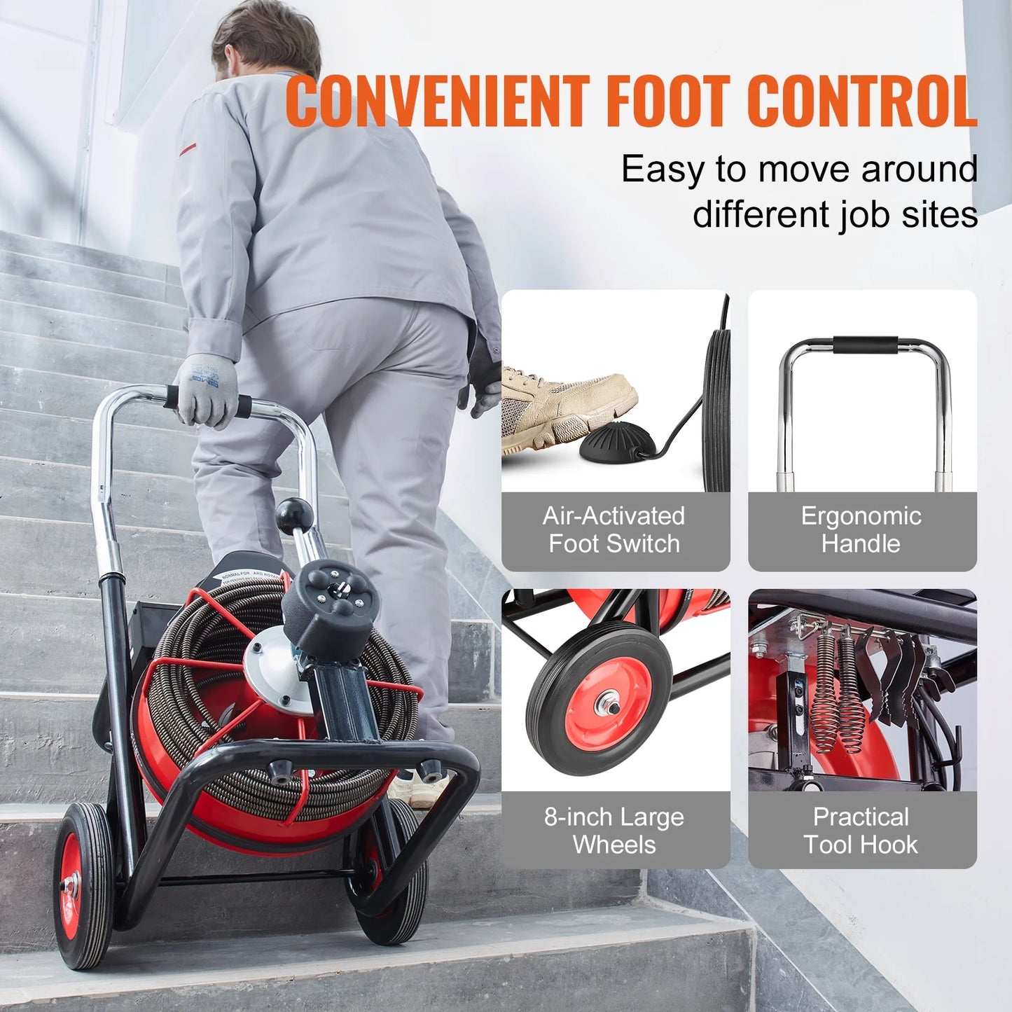 VEVOR Drain Cleaner Machine 100FT x 3/8 Inch, Auto Feed Sewer Snake Auger on Wheels, 370W Portable Drain Cleaning Machine with 8 Cutters & Air-activated Foot Switch for 2" to 4" Pipes