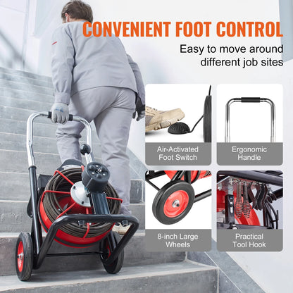 VEVOR Drain Cleaner Machine 100FT x 3/8 Inch, Auto Feed Sewer Snake Auger on Wheels, 370W Portable Drain Cleaning Machine with 8 Cutters & Air-activated Foot Switch for 2" to 4" Pipes