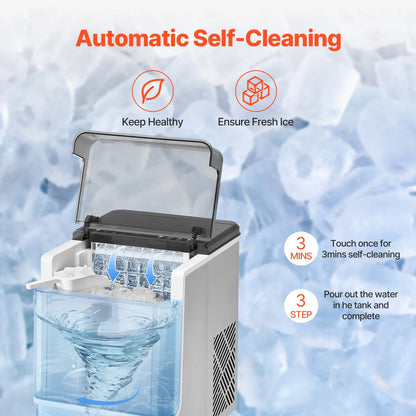 KFFKFF Tabletop Ice Cube Machine, Produces 32 Ice Cubes in 15 Minutes, 46lbs Daily Output, Self-Cleaning and Portable, Easy Ice Transfer, 3 Different Ice Cube Sizes, Ideal for Home, Kitchen, Office