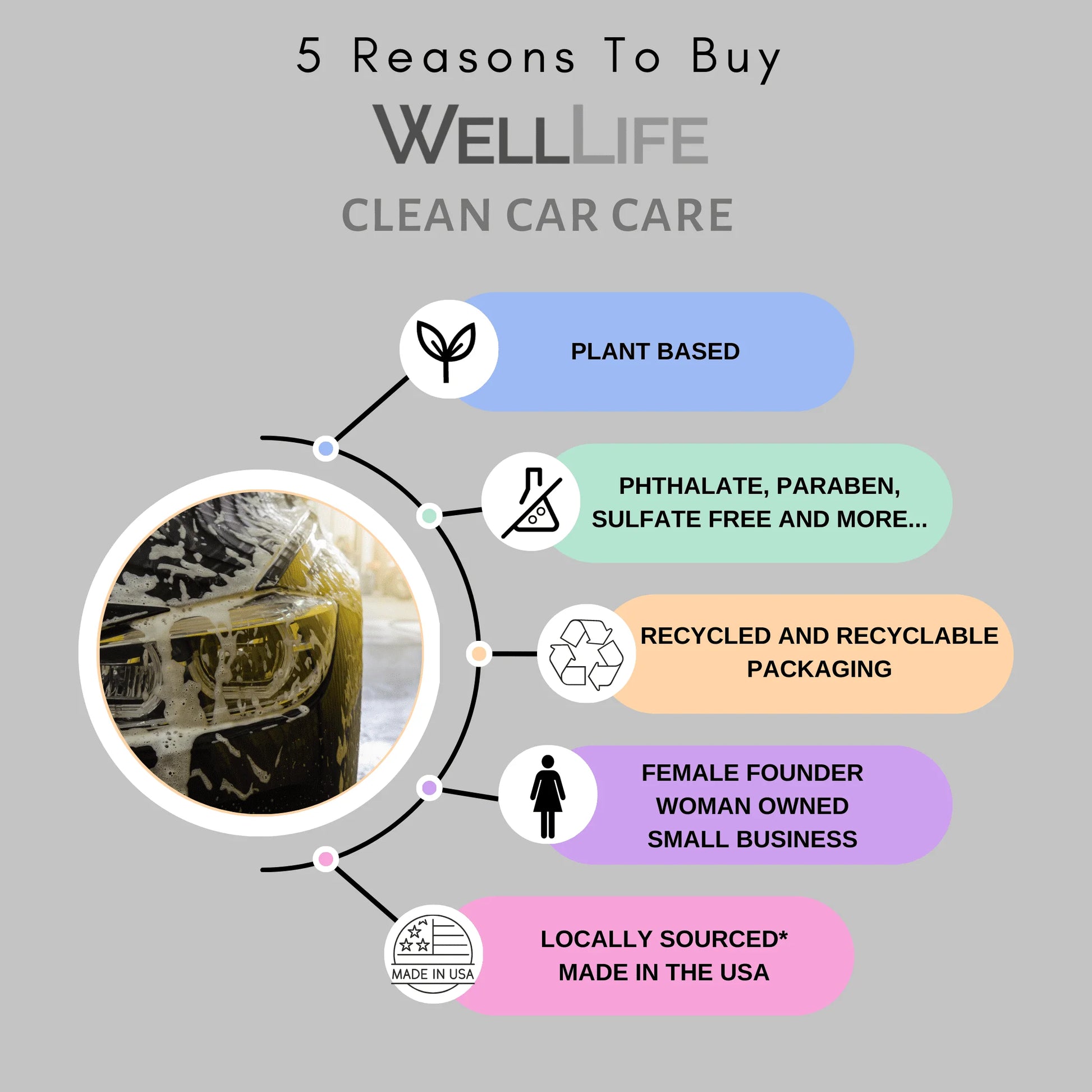 Well Life Clean Car Care - Vehicle Wash Shampoo - Plant Based Non-Toxic Cleaning Power - 16 Ounce