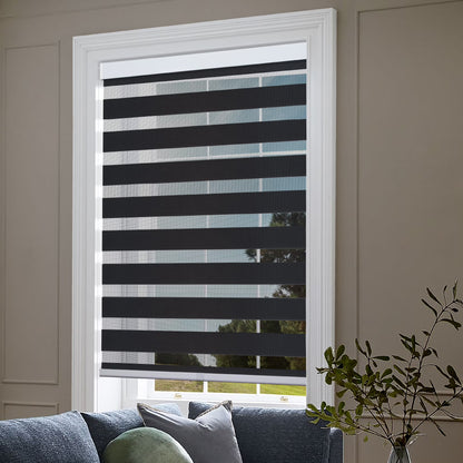 Zebra Cordless Window Blinds, Dual Layered Light Filtering Roller Shades, Easy Install Blinds, Indoor Home Decor, Pull-Down Shades for Windows, Light Control for Day & Night, Black, 22"W X 72"H