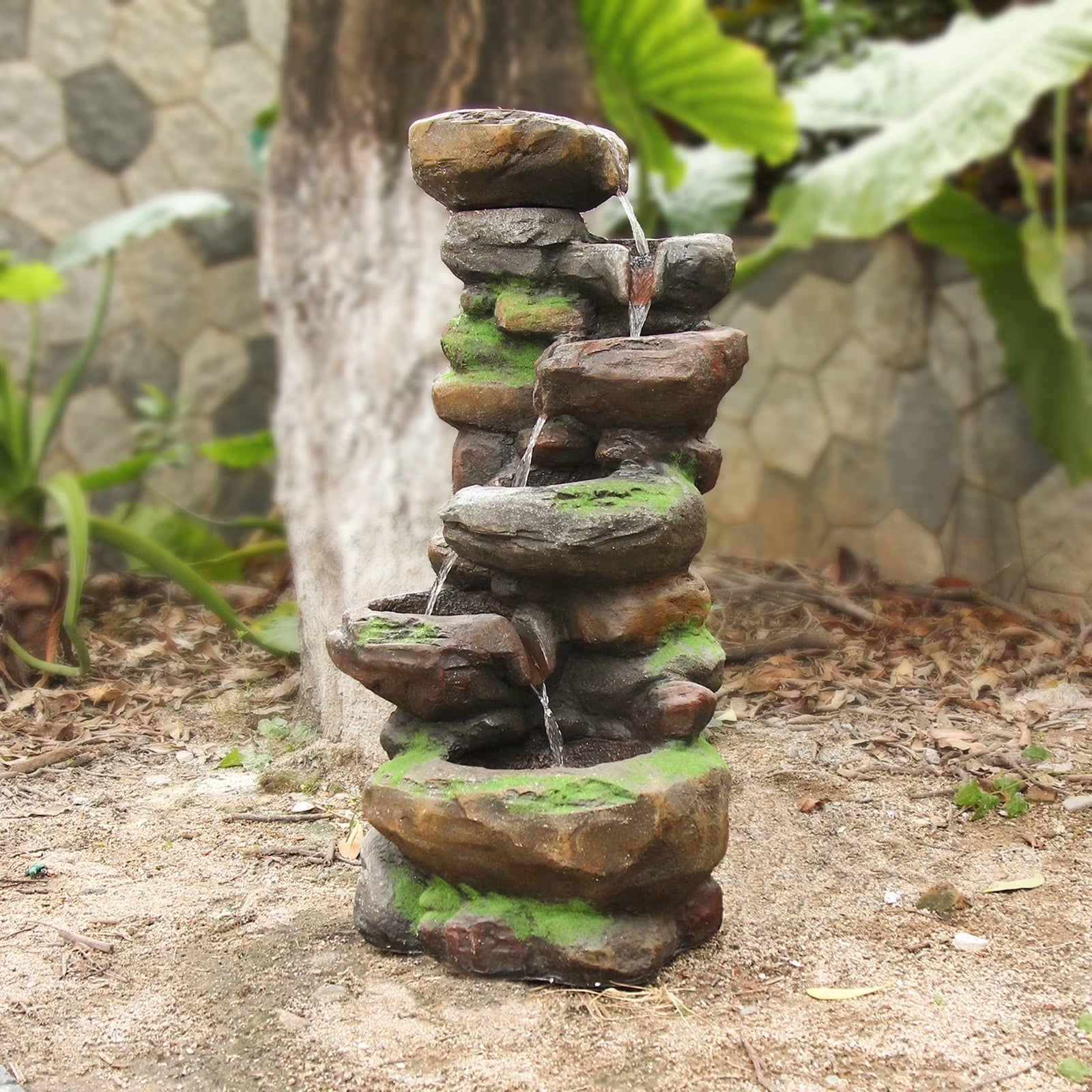6-Tiered Outdoor Floor Rock Water Garden Fountain 37.4''H Cascading Waterfall Water Feature Indoor for Home Decor Patio Yard with LED Lights and Natural Stone Look