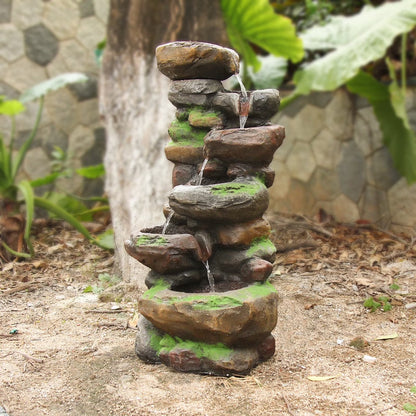 6-Tiered Outdoor Floor Rock Water Garden Fountain 37.4''H Cascading Waterfall Water Feature Indoor for Home Decor Patio Yard with LED Lights and Natural Stone Look