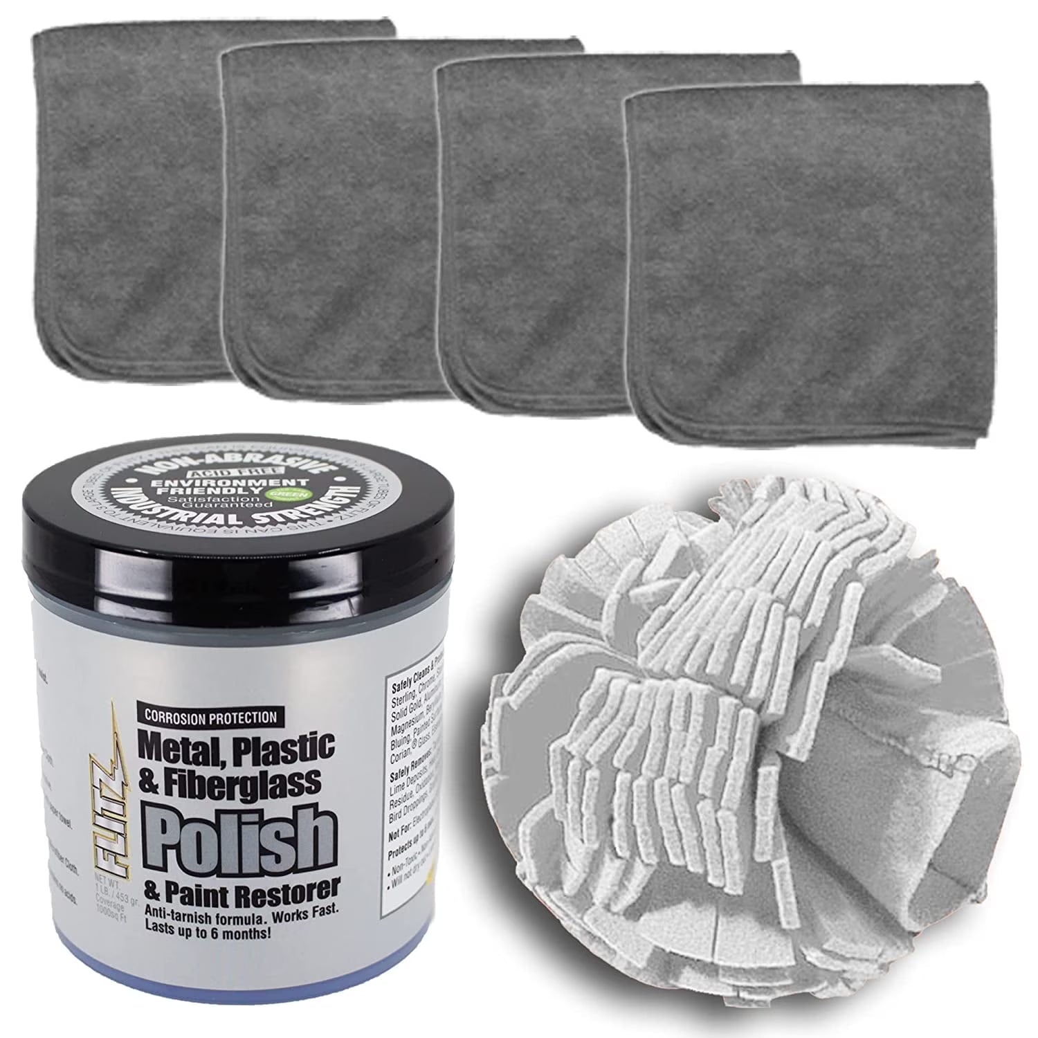 Flitz Car Buffing Kit (Basic) - USA-Made Car Care Kits for Vehicles - Includes 1lb Polish, 5" Buff Ball & 4 Microfiber Cleaning Cloths - Car Polishers and Buffers Kit to Remove Rust, Oxidation, & Mor