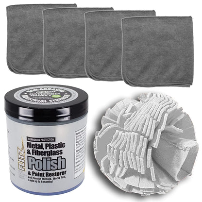 Flitz Car Buffing Kit (Basic) - USA-Made Car Care Kits for Vehicles - Includes 1lb Polish, 5" Buff Ball & 4 Microfiber Cleaning Cloths - Car Polishers and Buffers Kit to Remove Rust, Oxidation, & Mor