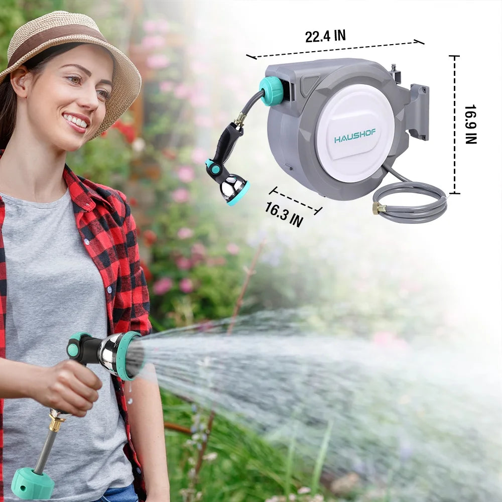 HAUSHOF 1/2" x 100 ft Retractable Garden Hose Reel with Automatic Rewind, 10-Pattern Spray Nozzle, Durable High-Pressure Hose, and 180�� Swivel Bracket �C Perfect for Watering Gardens, Cleaning Patios