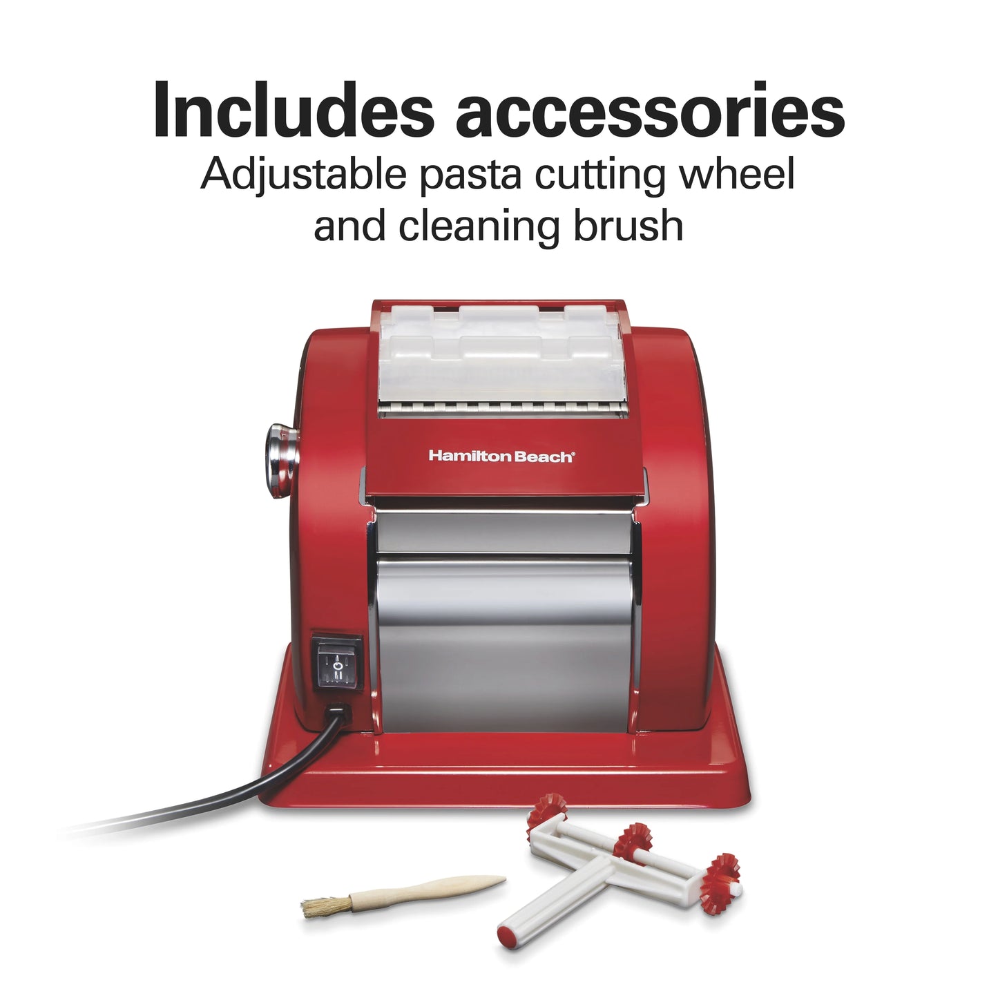 Hamilton Beach Electric Pasta Maker & Noodle Machine with 9 Adjustable Thickness Settings, Includes Spaghetti & Fettucine Cutter, Cutting Wheel, Cleaning Brush, Red