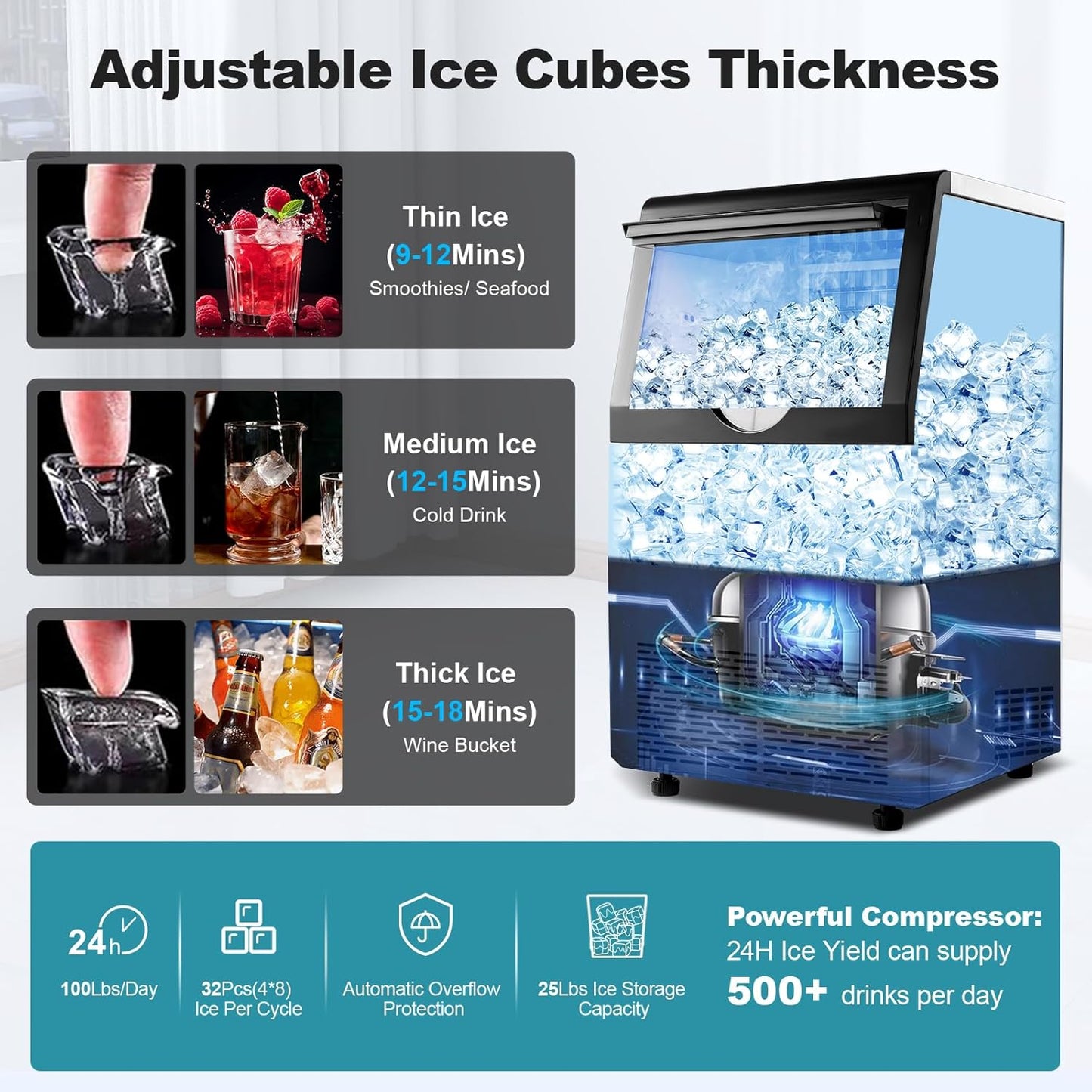 Ice Maker Machine 100lbs/24H Auto Self-Cleaning LED Digital Display Blue Light Under Counter Freestanding