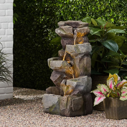 Holaki 23.5" H Outdoor Fountain,4-Tire Waterfall Flow Floor Fountain with LED Light for Patio,Gadern,Backyard,Art Home Decoration,Light Brown