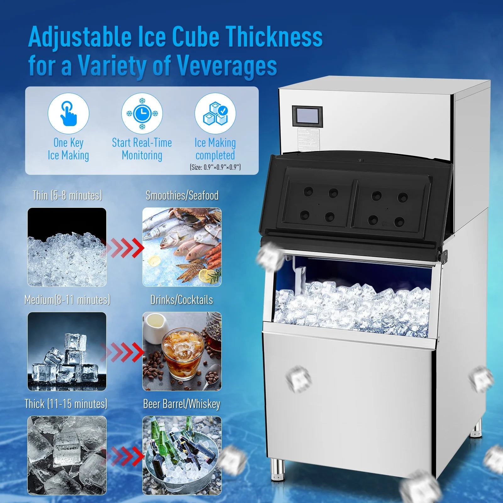 EastVita Commercial Ice Maker Machine, 550LBS Stainless Steel Under Counter Ice Machine with 300LBS Ice Storage Capacity, Self Cleaning,Ice Cube for Bar/Cafe/Restaurant