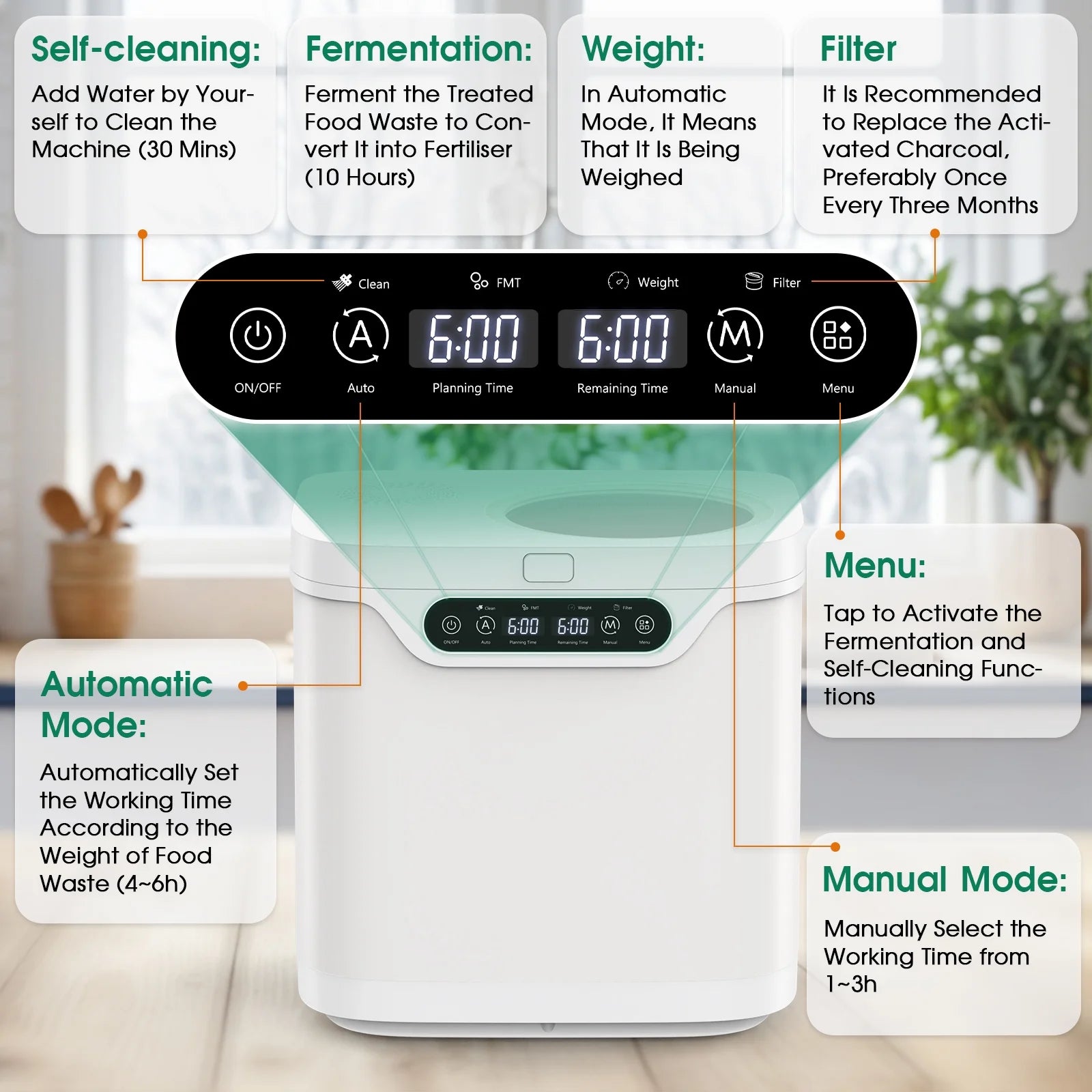 Advwin 4L Electric Composter for Kitchen, Indoor Compost Bin, 2 Detachable Carbon Filter, Auto-Cleaning
