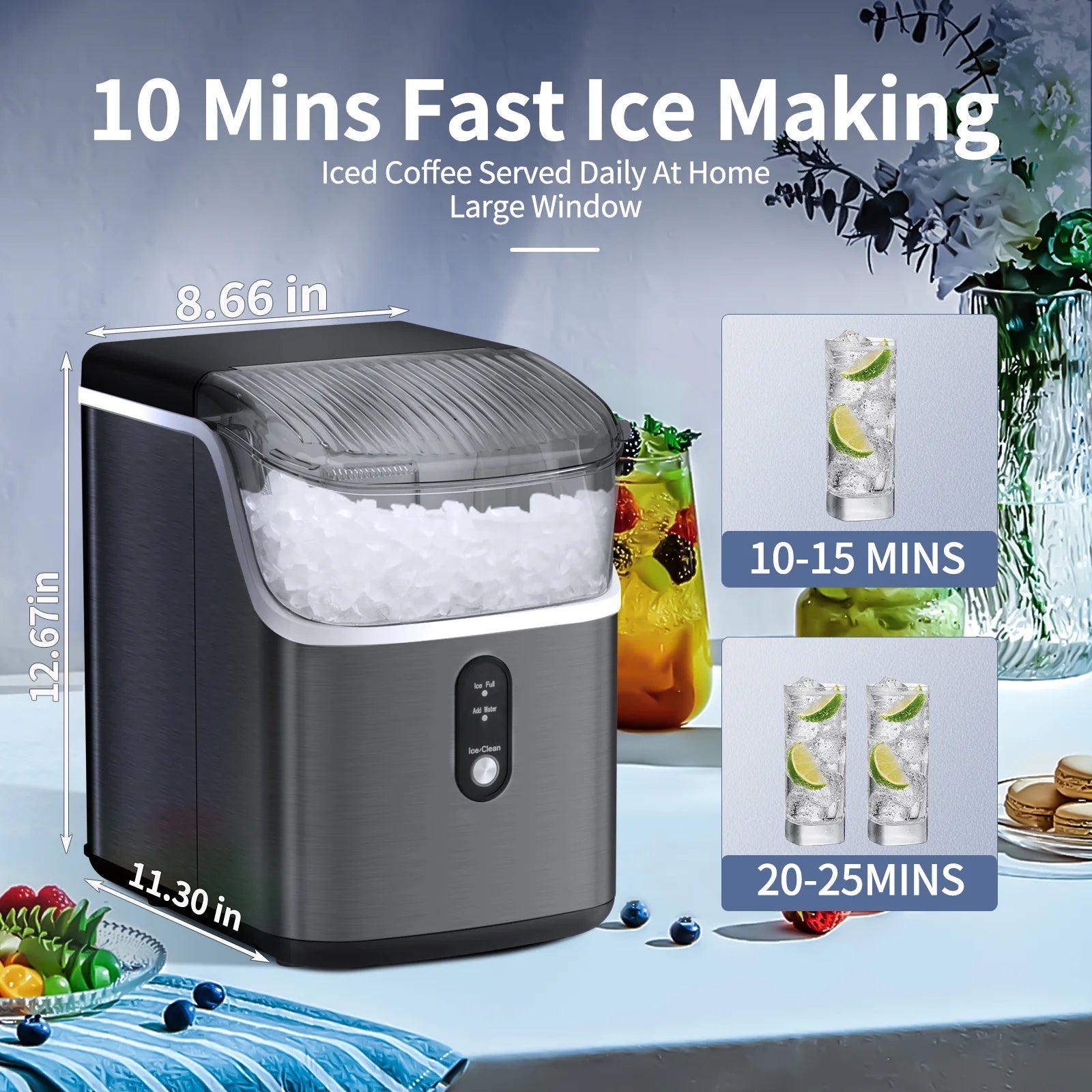 LHRIVER Nugget Countertop Ice Maker with Soft Chewable Ice, 35Lbs/24H, Self-Cleaning, Ice Scoop,Stainless Steel Silver