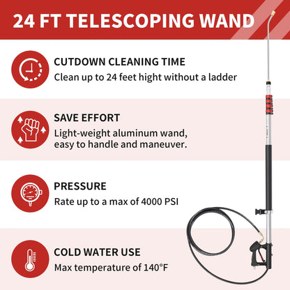 24 FT Gutter Cleaning Tools from The Ground - Telescoping Pressure Washer Wand - Gutter Cleaner Attachment with Power Washer Extension Wands, Brush, 7 Spray Nozzle Tips, 2 Hose Adapters, Support Belt