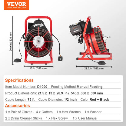 VEVOR Drain Cleaner Machine 75FT x 1/2 Inch, Sewer Snake Auger Manual Feed, 370W Electric Drain Cleaning Machine with 4 Cutters & Air-activated Foot Switch for 2" to 4" Pipes