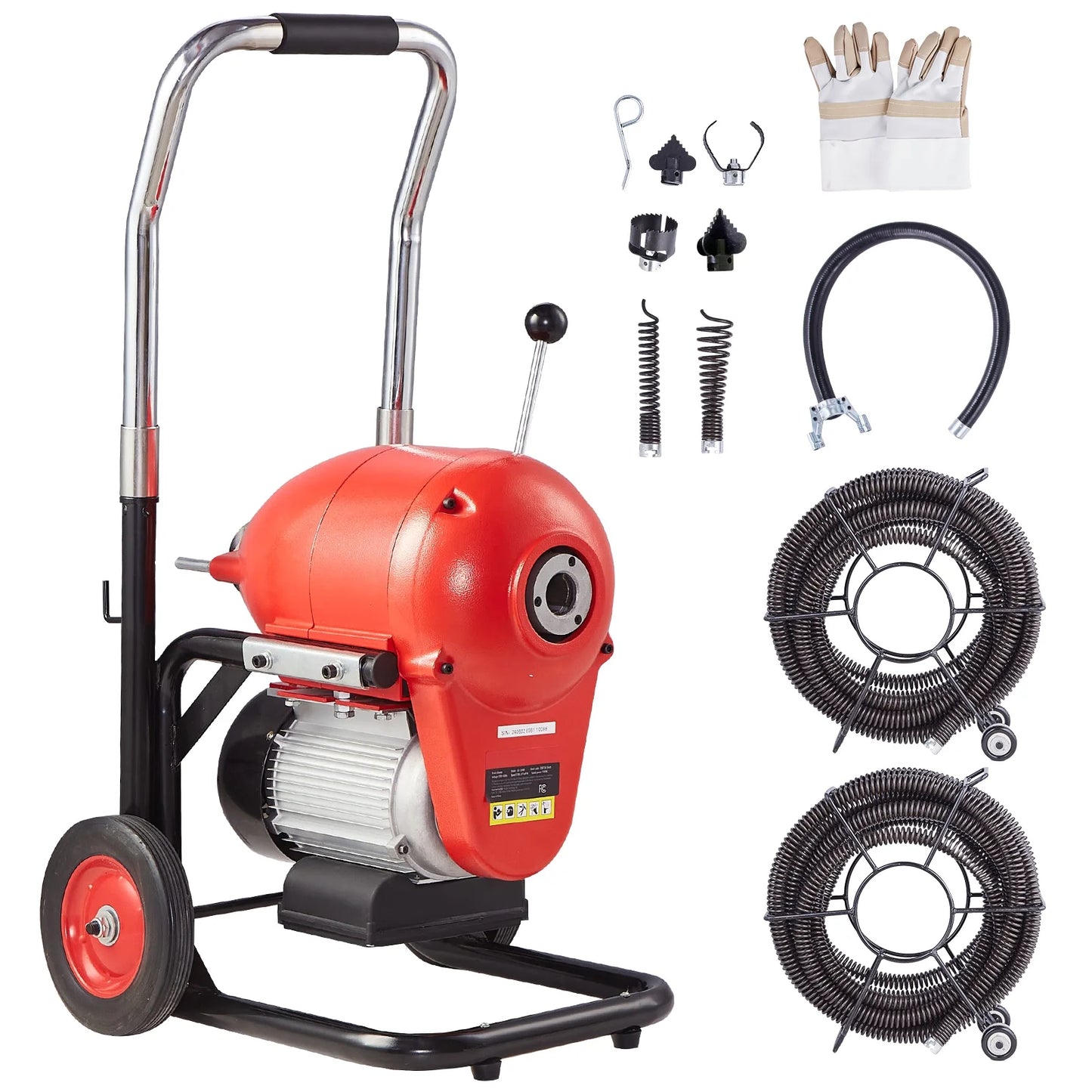 KFFKFF Drain Cleaning Machine, 120FT x 6/5 Inch, 1100W, Manual Operation - Includes 2 Steel Cables, 6 Blades, and Dual-Direction Control for Pipes 4"-8"