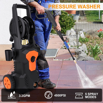 Electric Pressure Washer, 4500PSI Max 3.2 GPM 33FT Hose w/ Hose Reel , 4 Connect Nozzles Foam Cannon for Cars, Fences, Driveways, Patios, Home Cleaning