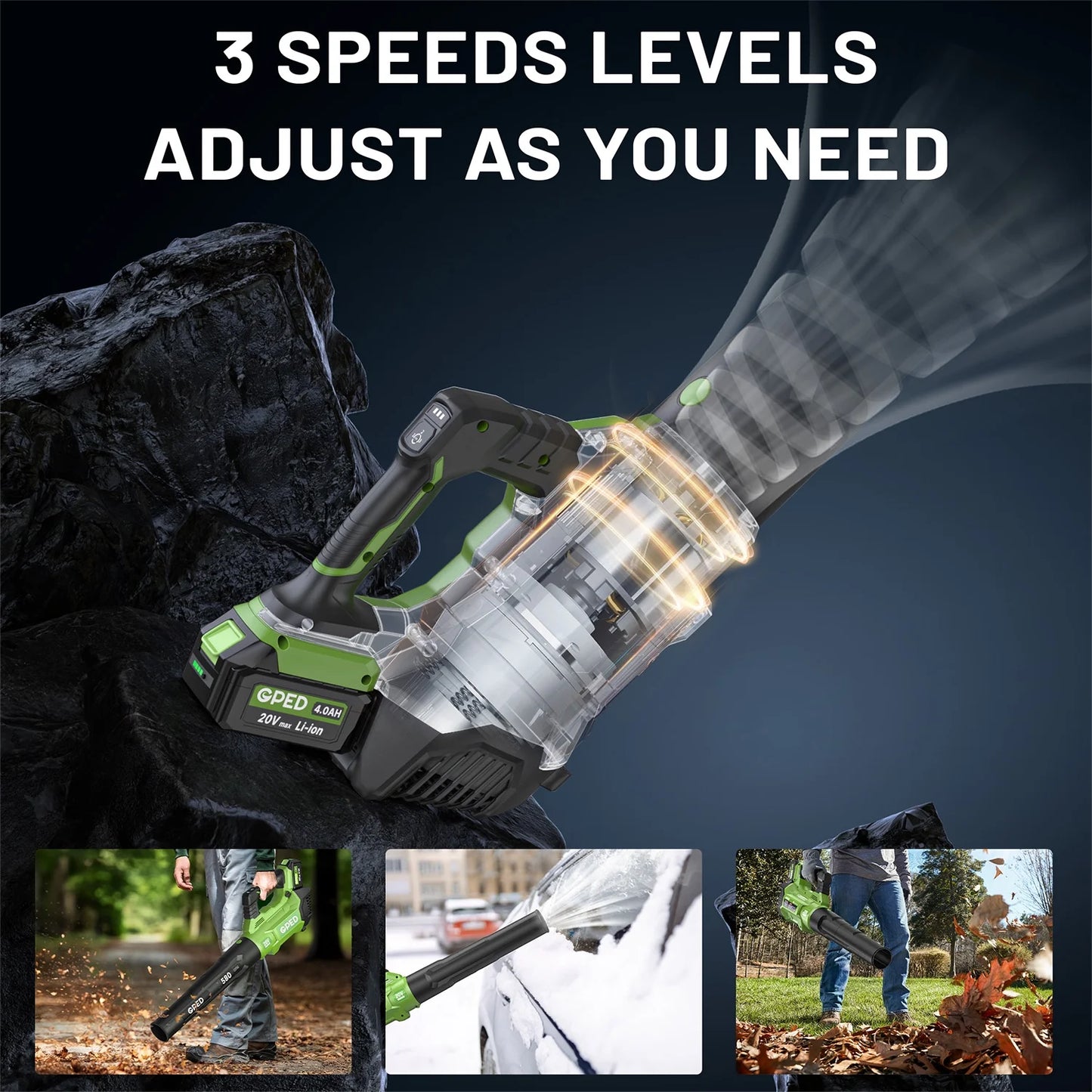 GPED Leaf Blower, 3 Speed Adjustment Electric Cordless Leaf Blower with 2 x 4.0Ah Batteries, Charger, Shoulder Strap, 580CFM/160MPH, Ideal for Patio Cleaning, Lawn Care, Blowing Leaves, Green