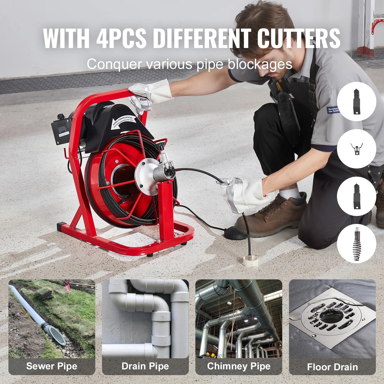 KFFKFF Drain Cleaning Machine, 50FT x 3/8 Inch, 250W Electric Drain Cleaner with Auto Feed, Includes 4 Cutters & Air-activated Foot Switch, Suitable for 2"-4" Pipes