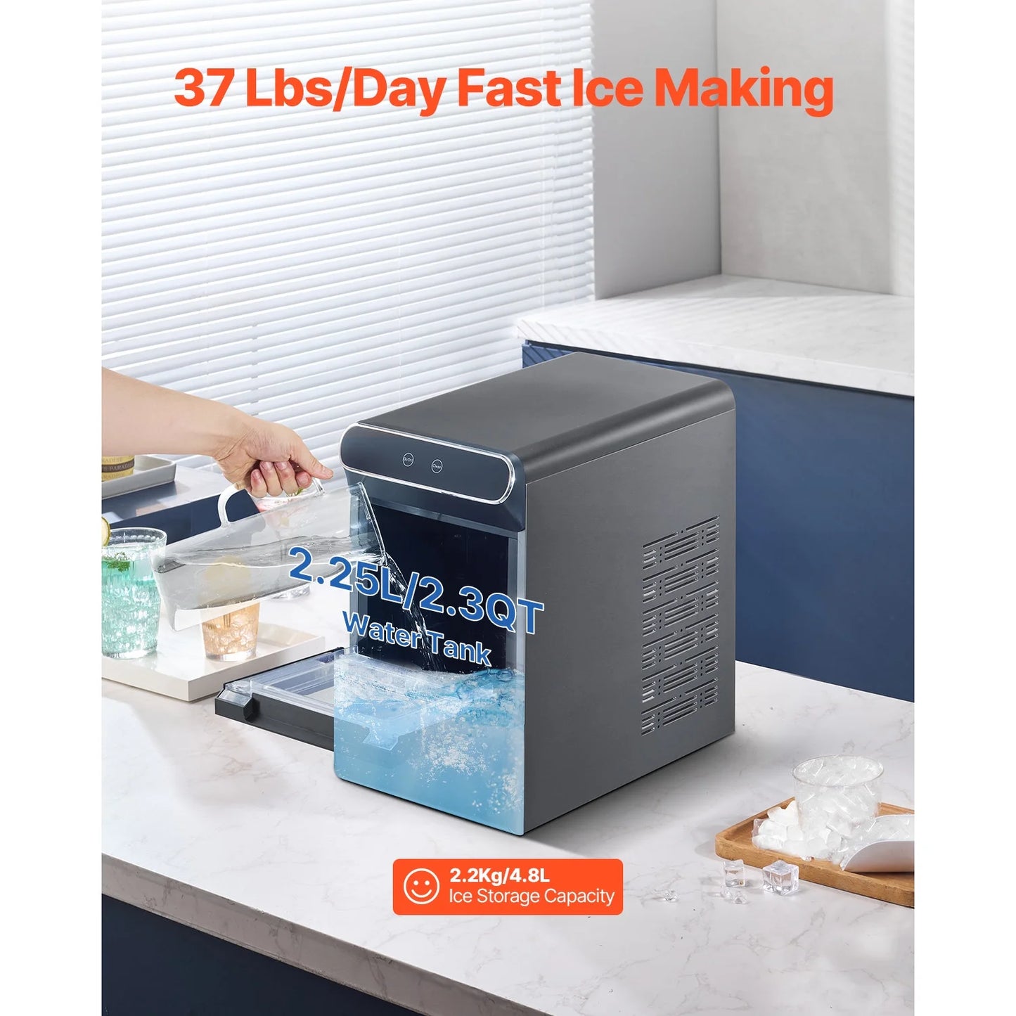 KFFKFF Nugget Ice Maker Countertop Portable Countertop Ice Maker 37lbs/24H Self-Cleaning with Ice Scoop & Drip Tray