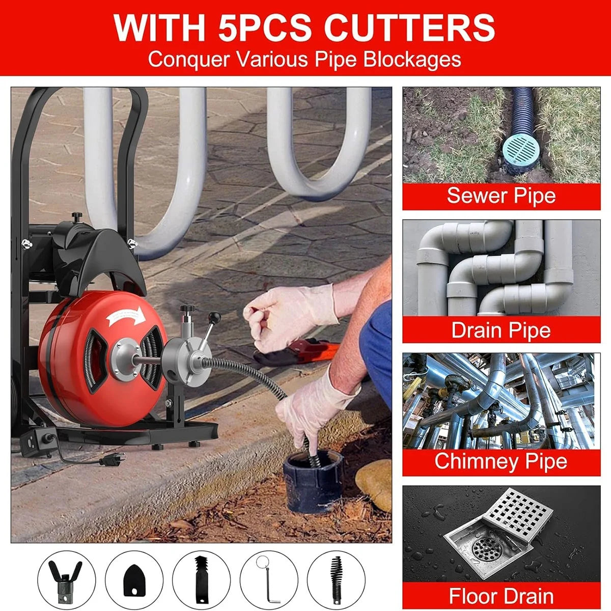 Kselythan 75 FTx1/2 Inch Drain Cleaning Machine, Auto Feed Sewer Snake Drill with Wheels, Pipe Spiral Cleaner with 4 Cutters and Pneumatic Foot Switch, for 2" to 4" Pipes