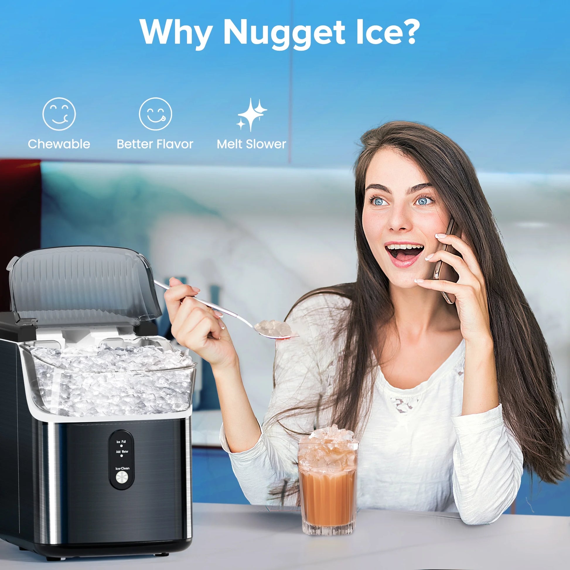 Auseo Nugget Ice Maker Countertop, Pebble Ice Maker Machine with 35lbs/24H Soft Ice, Self-Cleaning, for Home/Kitchen/Office (Black)