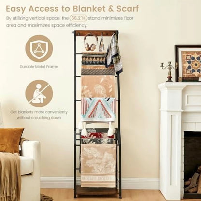 Blanket Ladder, 7 Tier Blanket Ladders for The Living Room,Wooden Ladder Shelf with Hooks, 5.5ft Blanket Holder Rack Farmhouse Ladder Rack for Storage and Home Decor, Rustic Brown and Black