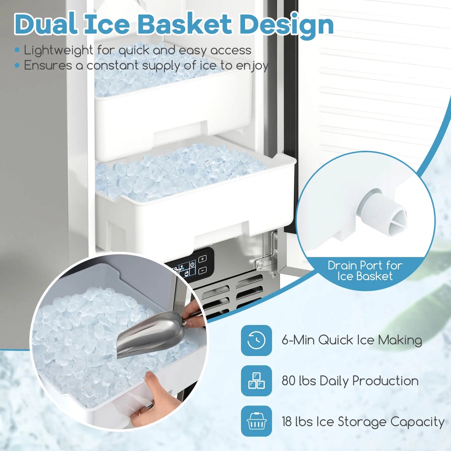Costway Under Counter Nugget Ice Maker with Self-Cleaning 80 lbs/Day 24H Timer LCD Control