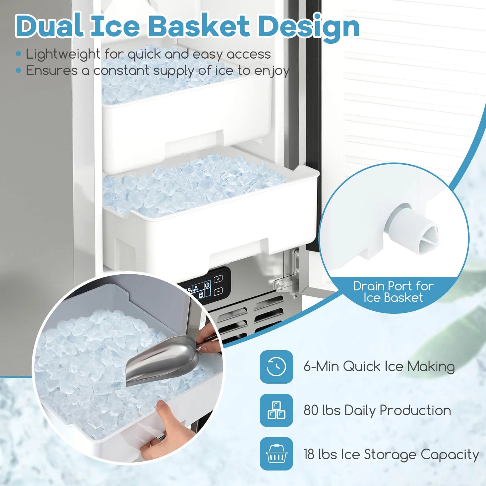 Costway Under Counter Nugget Ice Maker with Self-Cleaning 80 lbs/Day 24H Timer LCD Control