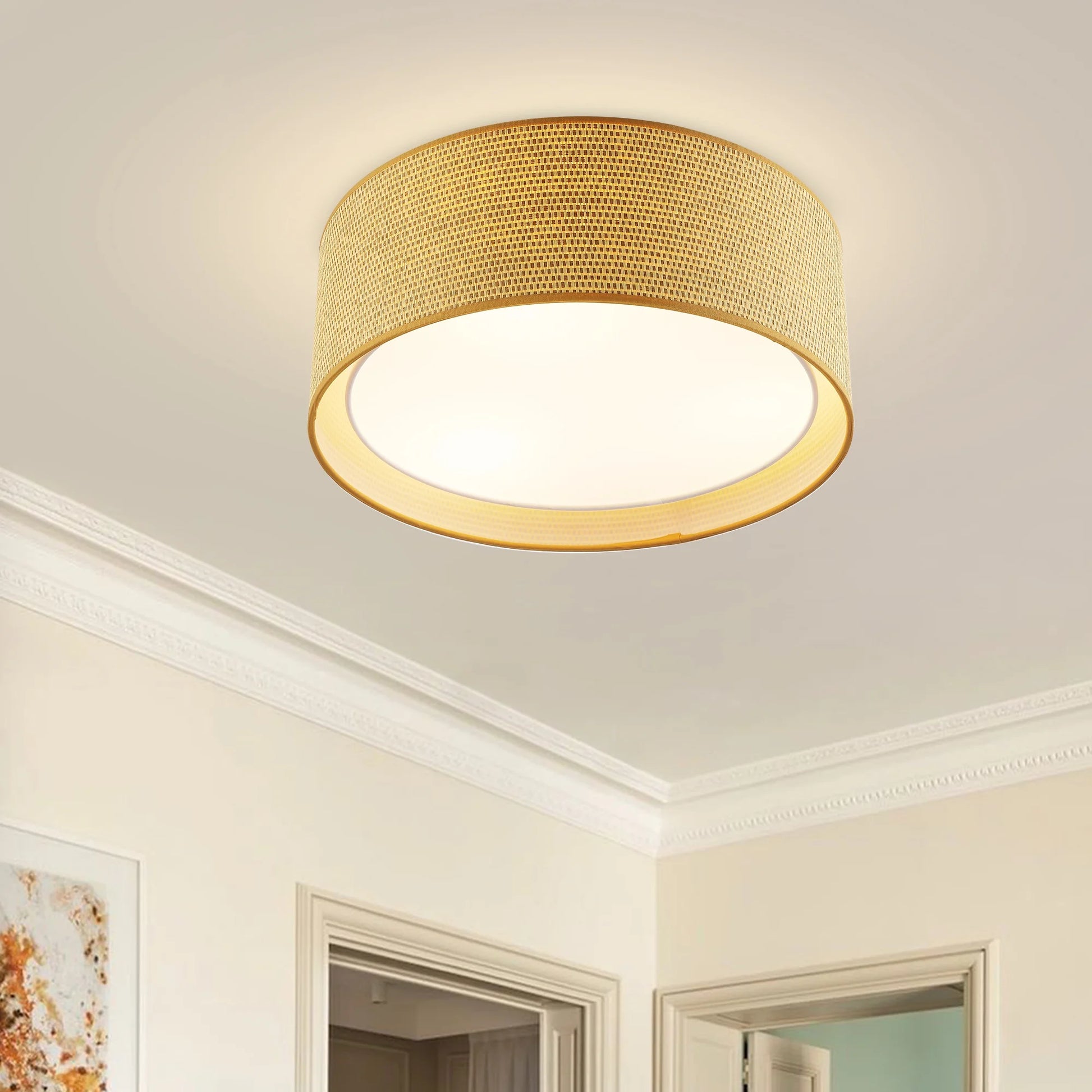 LEDET 15.7 in. Yellow Flush Mount Ceiling Light Rattan Weaving Shade Home Decor Pendant Lighting