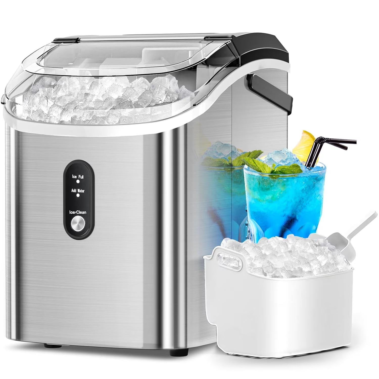 Auseo Nugget Ice Maker Countertop, Ready in 6 Mins ,35Lbs Each day with Self-Cleaning,Portable Sonic Ice Machine for Home/Office/Bar, Black