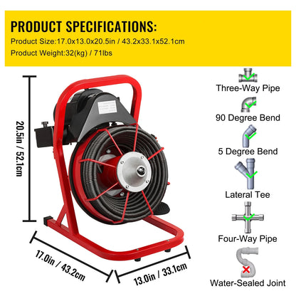 KFFKFF 50 Ft x 1/2 Inch Drain Cleaner Machine fit 1 Inch (25mm) to 4 Inch(100mm) Pipes Drain Cleaning Machine Portable Electric Drain Auger with Cutters Glove Drain Auger Cleaner Sewer Snake