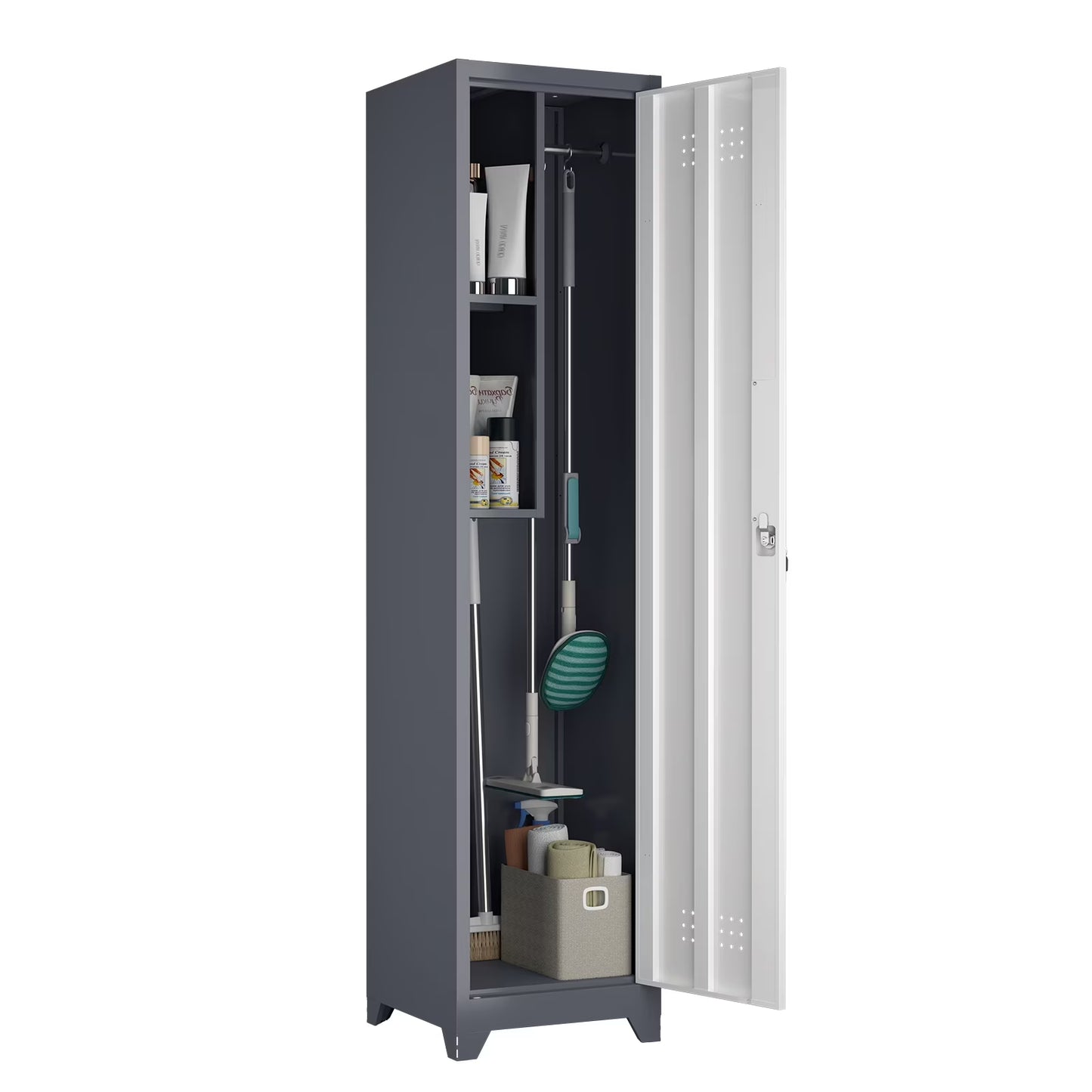 Marcree Slim Broom Storage Cabinet, Metal Cabinet with Shelves and Hanging Rod, 65" Utility Storage Cabinet with Locking Door, Tall Cleaning Storage Cabinet for Kitchen, Pantry, Office, Shop, Garage