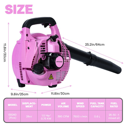AQMD 26cc Handheld Leaf Blower, Gas Powered Snow Blower, 2-Stroke Handheld Gas Blower, Powerful Clearing Blower for Lawn Care, Snow Blowing & Yard Cleaning (EB260-Pink)