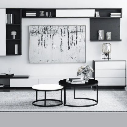 2 Round Tea Table Coffee Table Desk Sets | Black & White - Twin Sets Multi Function Wood & Steel Living Room Home Decor Polished Surface Overlapping Ending Tables Cocktail Table
