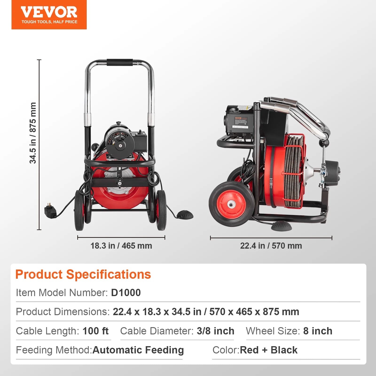 VEVOR Drain Cleaner Machine 100FT x 3/8 Inch, Auto Feed Sewer Snake Auger on Wheels, 370W Portable Drain Cleaning Machine with 8 Cutters & Air-activated Foot Switch for 2" to 4" Pipes