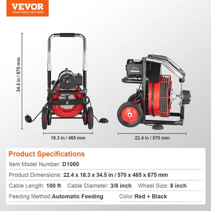 VEVOR Drain Cleaner Machine 100FT x 3/8 Inch, Auto Feed Sewer Snake Auger on Wheels, 370W Portable Drain Cleaning Machine with 8 Cutters & Air-activated Foot Switch for 2" to 4" Pipes