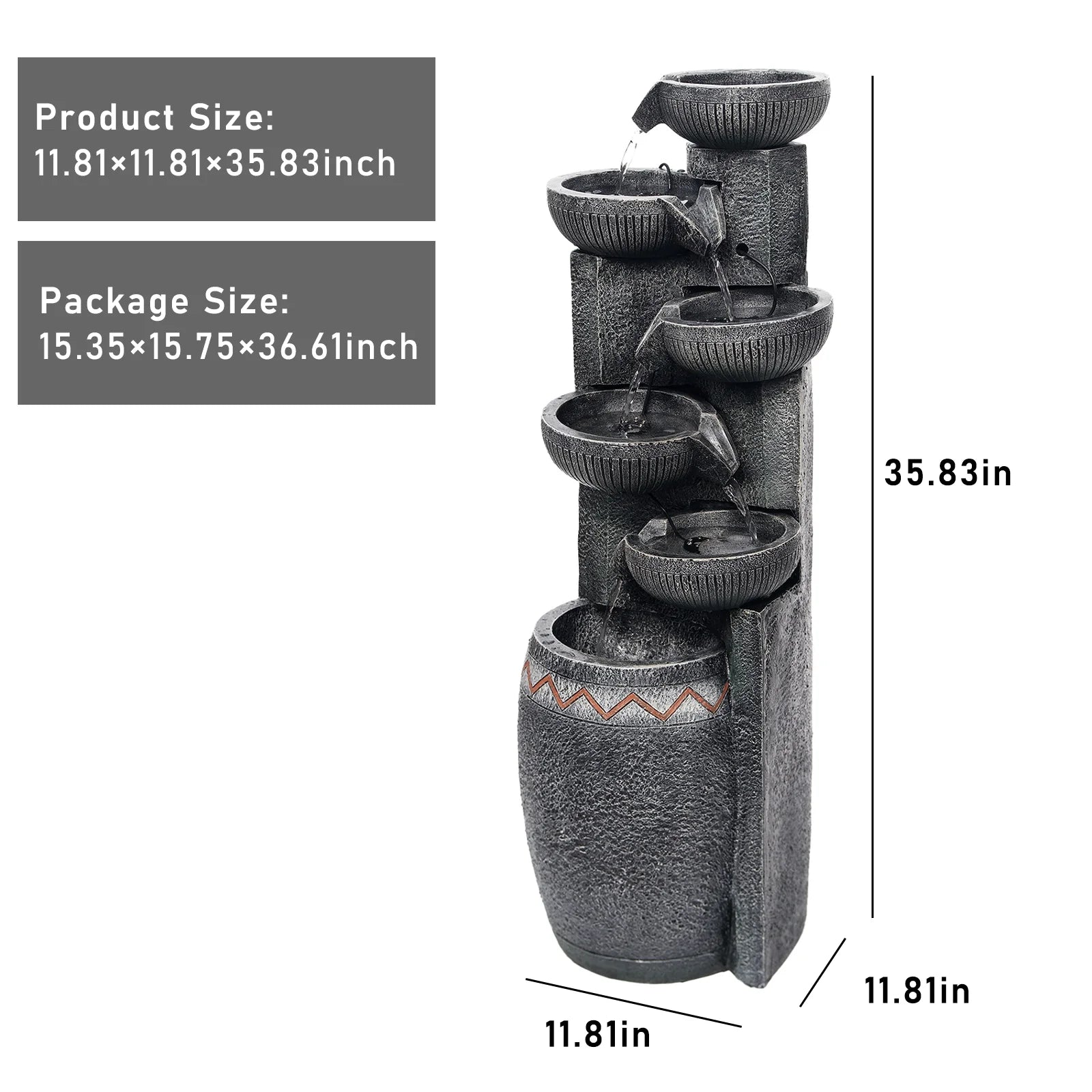 35.83''H Outdoor Indoor Garden Water Fountain 6-Tiers Modern Floor Standing Water Feature Waterfall Fountains with LED Lights for Yard Porch Deck Patio Home Decor