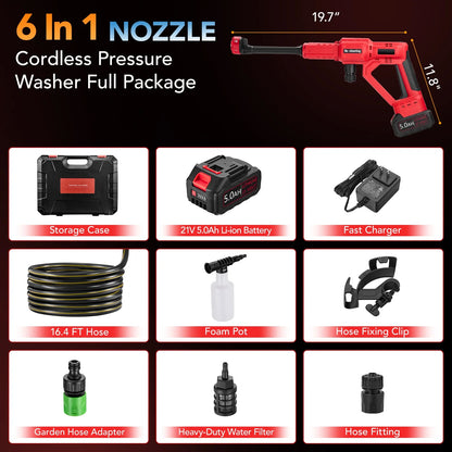 Filluck 1060PSI Cordless Pressure Washer, Portable Handheld High-Pressure Car Washer with 5.0Ah Long-Lasting Battery, 3-Speed Adjustable, 2.8GPM, 6-in-1 Nozzle for Car Cleaning/Garden/Floor