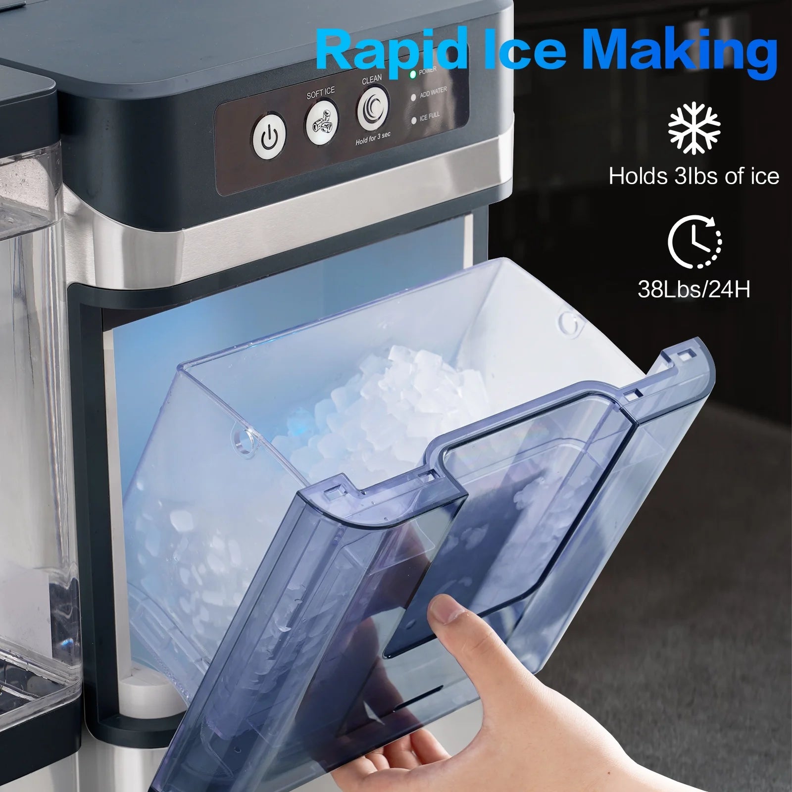 TEKAMON Nugget Ice Maker Countertop, 41lbs/24H, Soft Chewable Pellet Touchscreen Ice Maker with Self-Cleaning Function for Kitchens, Offices, Home