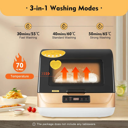 Portable Dishwasher Countertop, Mini Dishwasher with 3 Washing Programs, 1200W Adjustable Water Temperature 65�� Dishwasher Machine Deep Cleaning Air Drying for Dorm, RV& Apartment, Gold