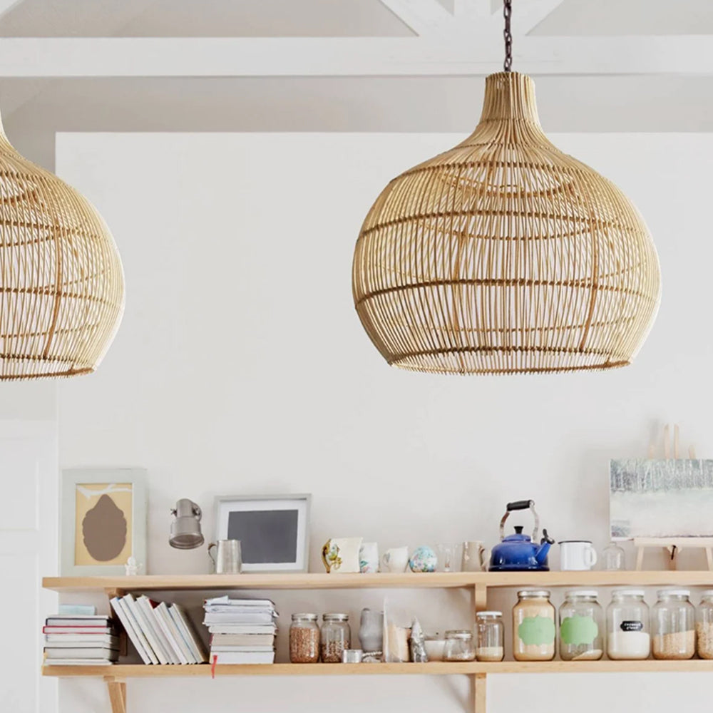 Arturesthome Boho Home Decor Kitchen Island Rattan Bamboo Pendant Light Basket Weave Linear Chandelier