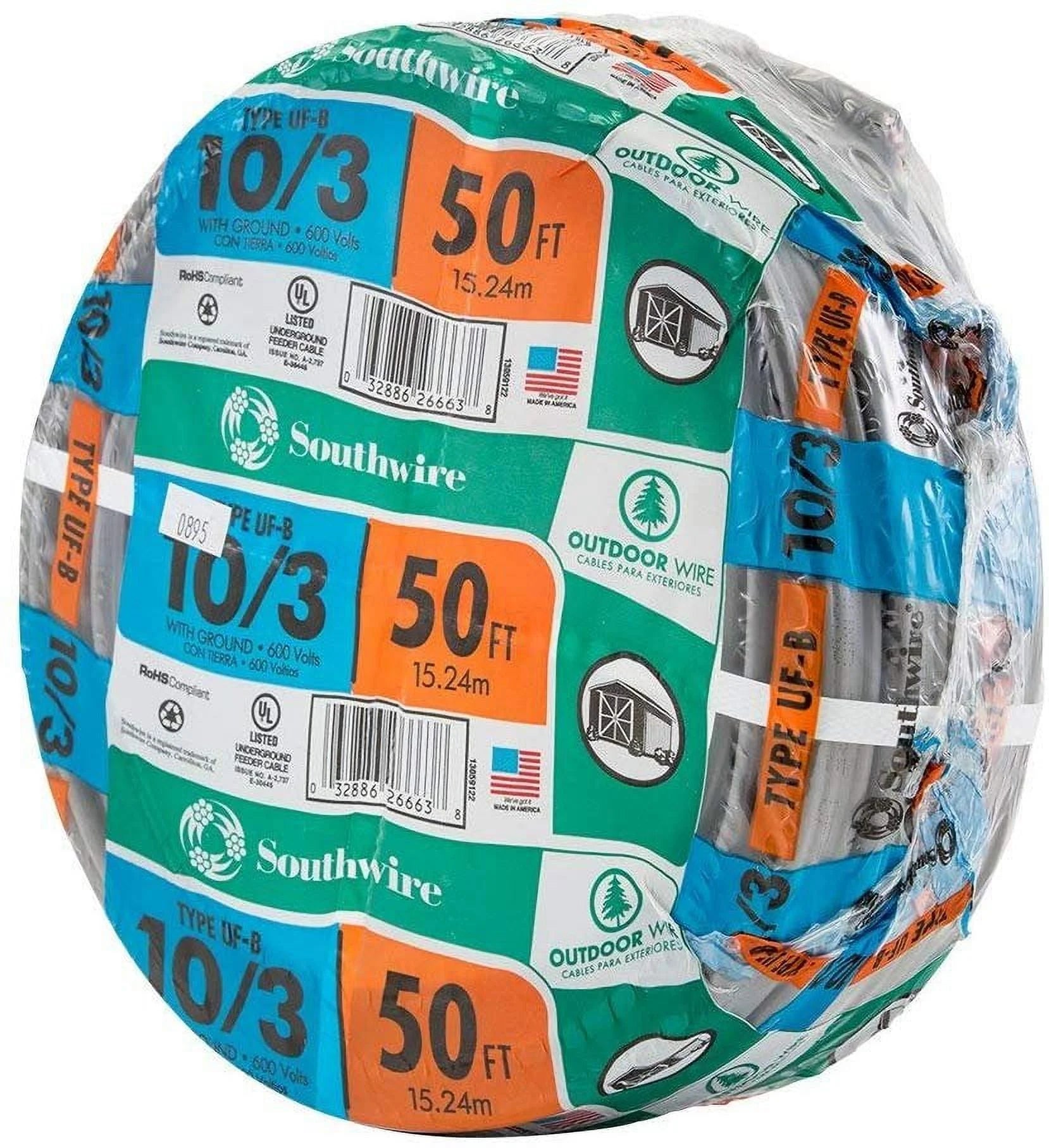 Southwire 13059122 Romex SIMpull 10/3Uf-Wgx50 Type Uf-B Building Wire, 10/3, 50 Ft, Pvc, Feet