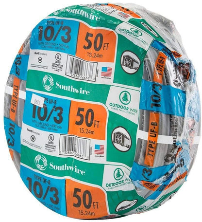 Southwire 13059122 Romex SIMpull 10/3Uf-Wgx50 Type Uf-B Building Wire, 10/3, 50 Ft, Pvc, Feet