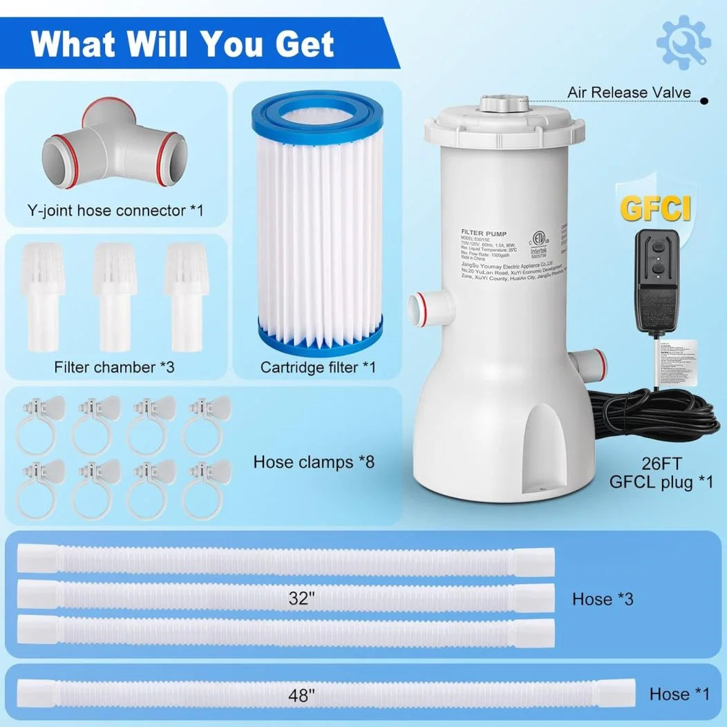 Pool Pump and Filter Above Ground, 1000 Gallon Swimming Filter Cartridge Pumps, Electric Pools Water Pump Filter for Pools Sand Cleaning Tool, 1000 GPH Filters Pumps for Above Ground