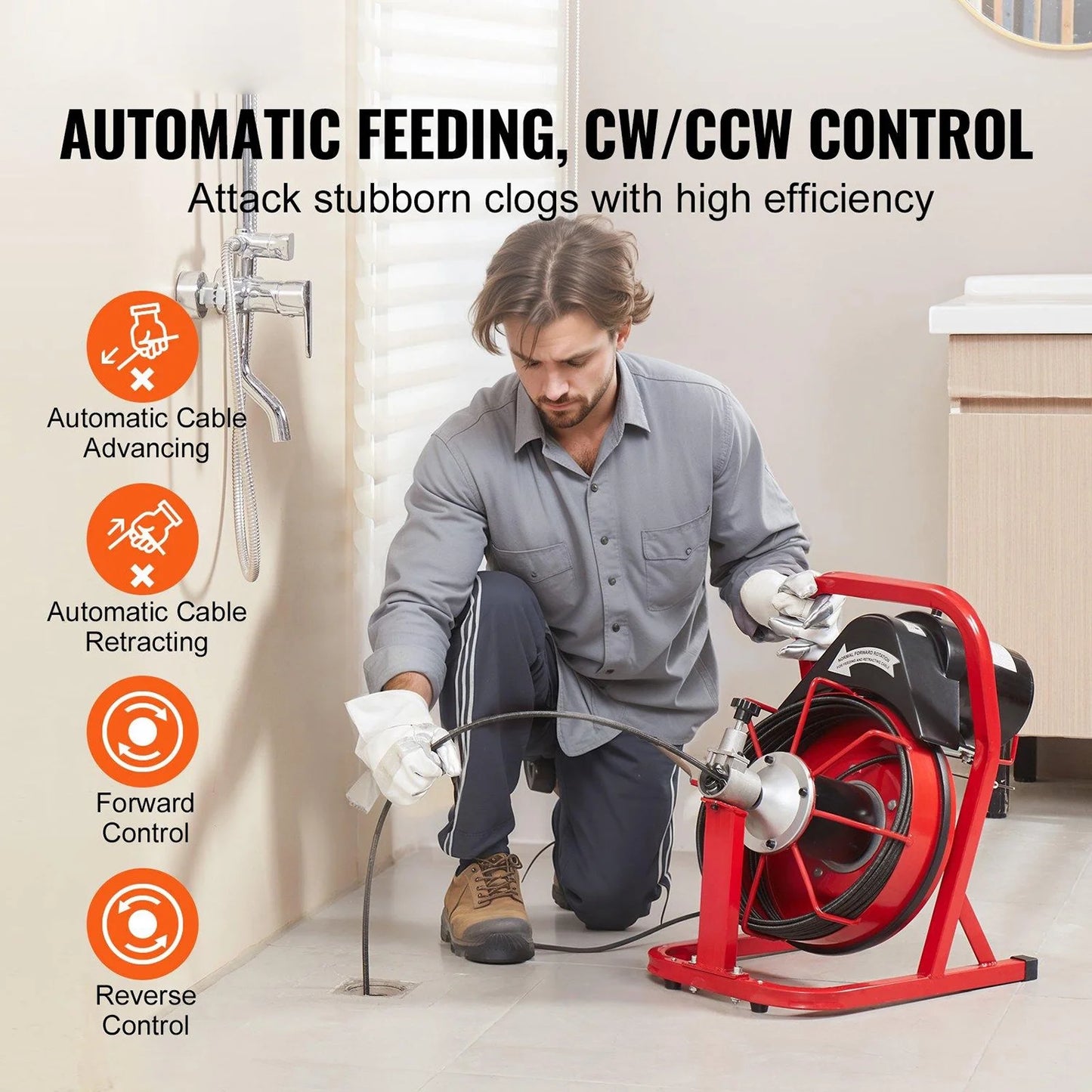 Choco Moon Electric Drain Auger 50FT 3/8 In Auto Feed Plunger, Drain Snake for Clog Removal, Powerful Cleaning Tool