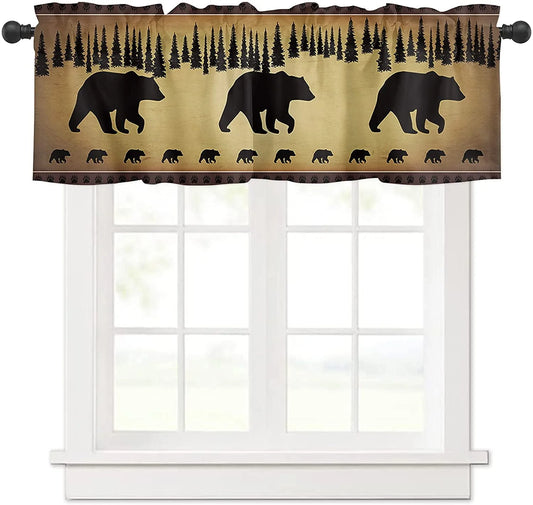 Black Bear Forest Silhouettes Window Valance Curtains, Window Treatment for Kitchen, Bathroom, Bedroom, Vintage Farm Backdrop Rod Pocket Short Curtain 1 Panel, 54x18 in