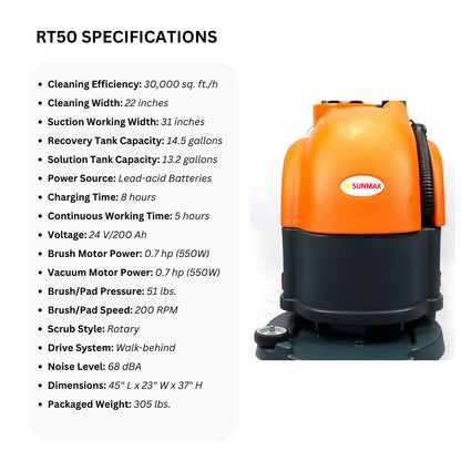 RT50 Battery Powered Walk-Behind Floor Scrubber, 22" Brush Cleaning Path, 30000 Sqft/h Efficiency
