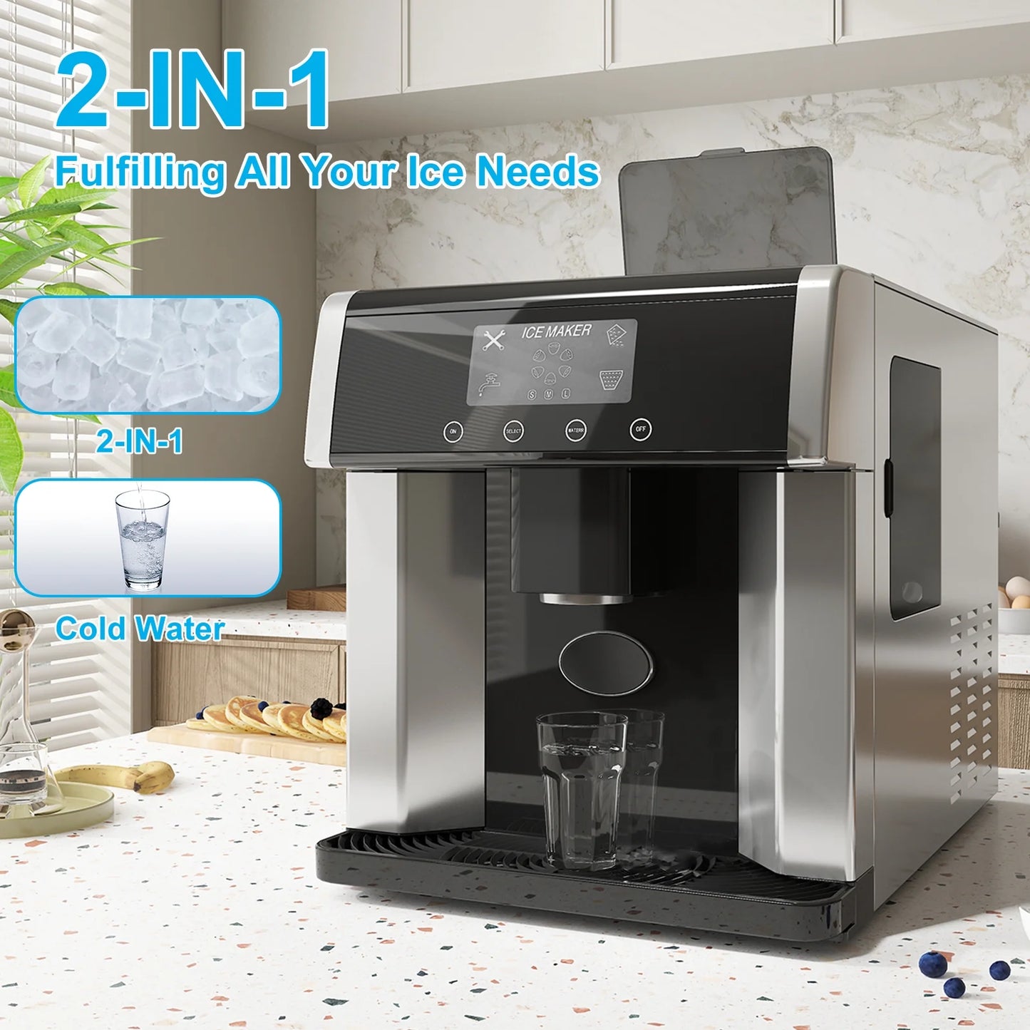 TABU 3 in 1 Ice Maker with Water Dispenser,40 lbs/24H,Ice Machine with Ice Crushing,Self Cleaning,Black
